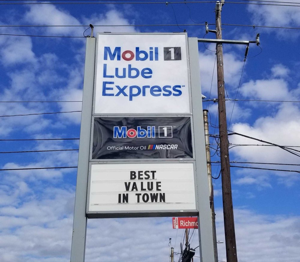 The Mobil 1 Lube Express pole sign above Richmond Avenue